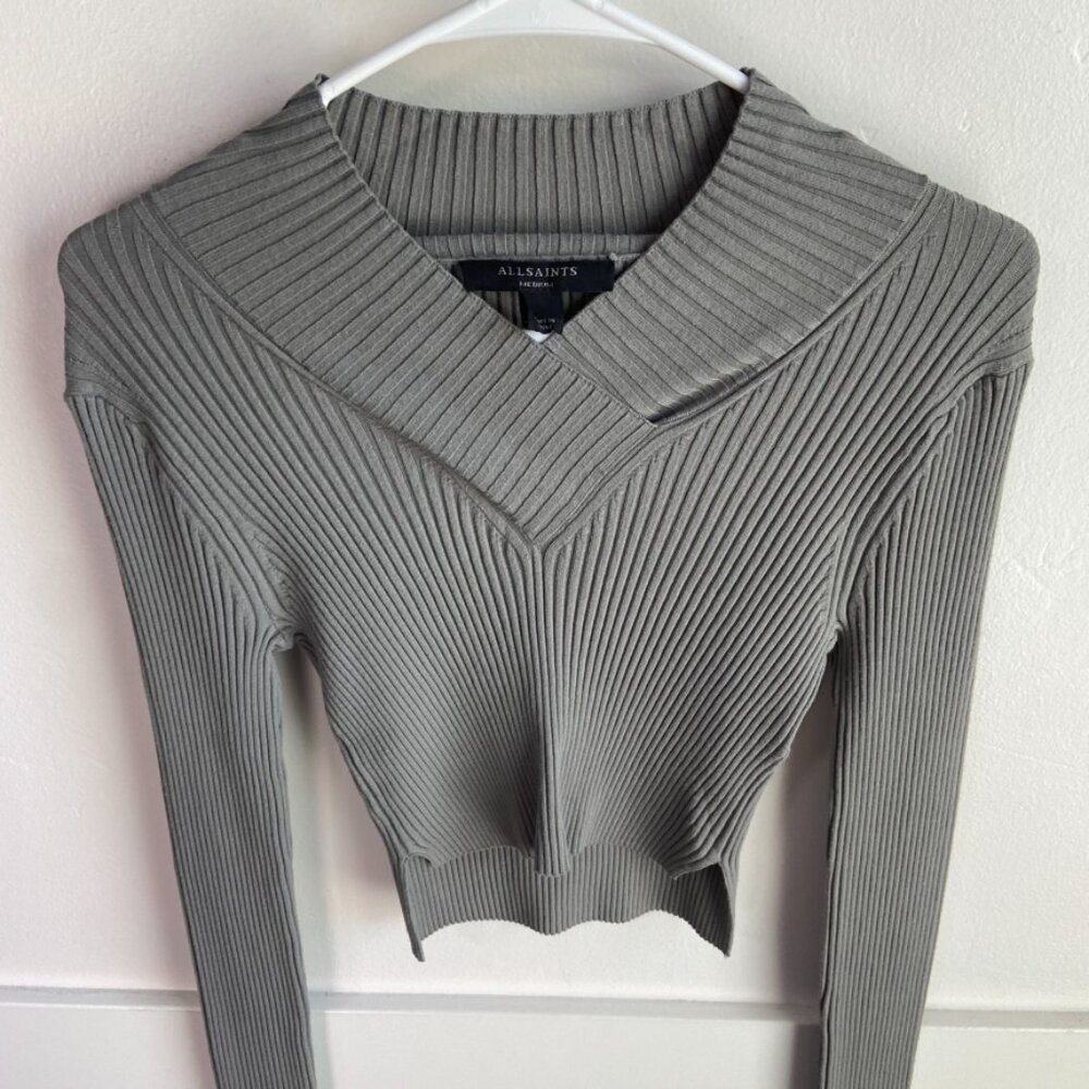 All Saints Grey Ribbed V-Neck Sweater - Picture 9 of 12